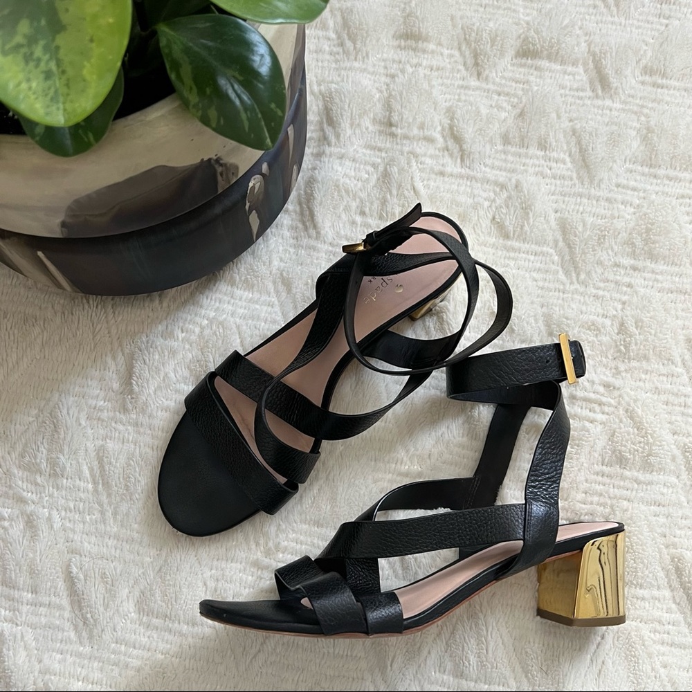 Black Strappy Leather Block Heel Sandals